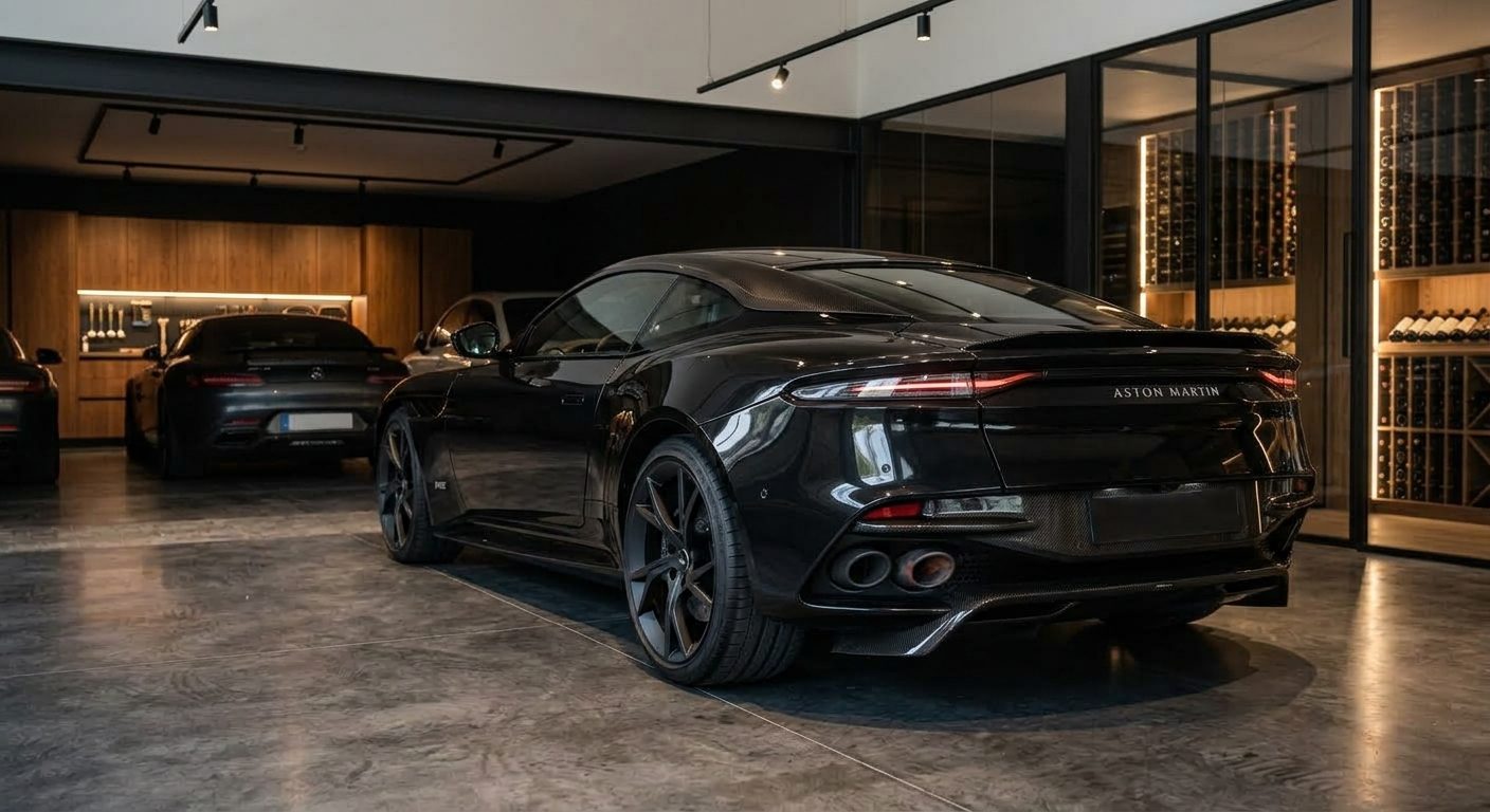 Aston Martin DBS negro visto desde atrás en el showroom