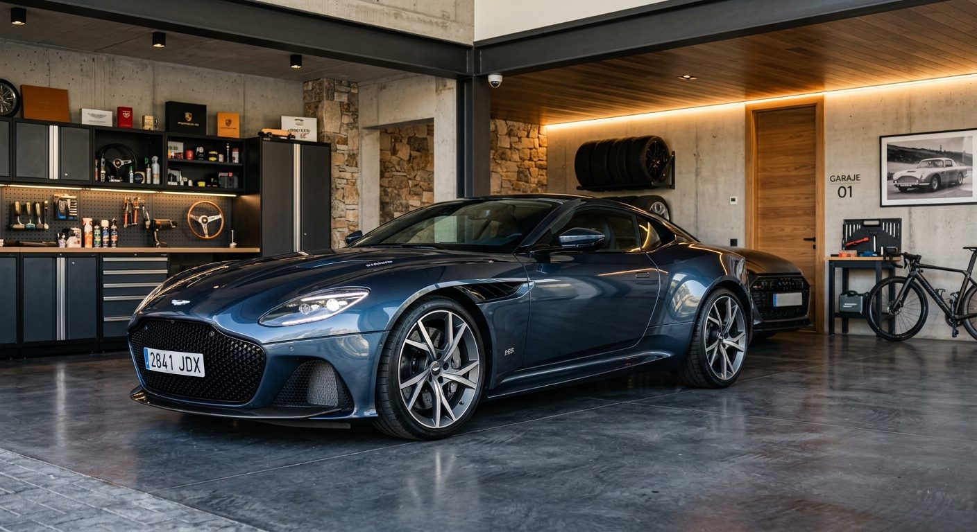 Taller boutique de Atelier Motorwerks equipado con herramientas de precisión y un Aston Martin